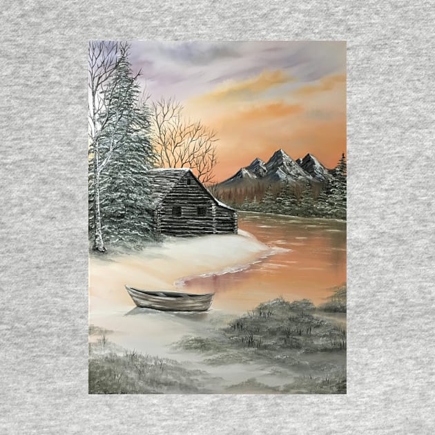 Log Cabin and Canoe by SistersInArtN